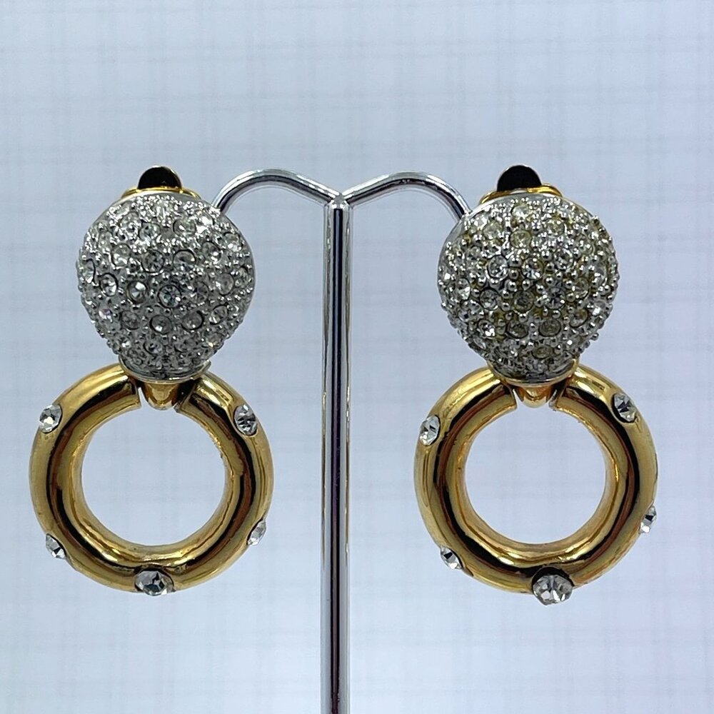 Vintage Gold Tone Door Knocker Rhinestone Clip On Statement Earrings - Picture 2 of 6